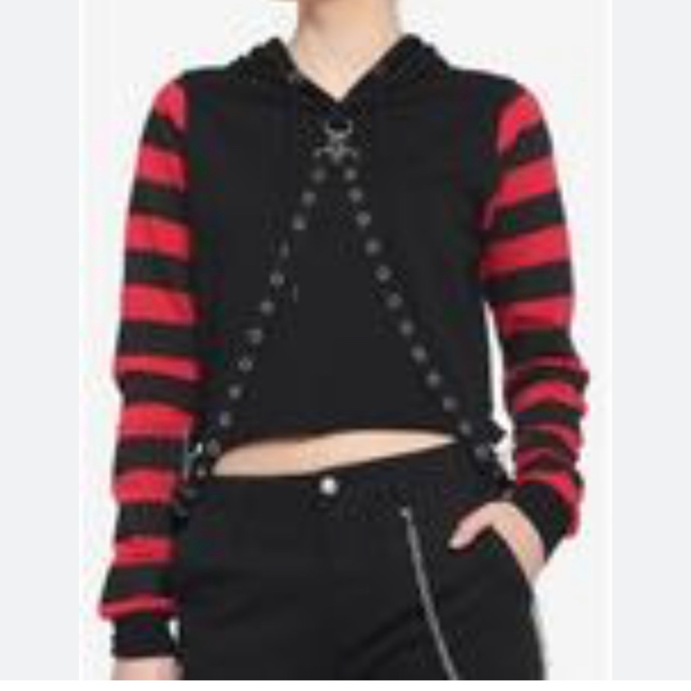 Hot Topic Red & Black Stripe Harness Girls Crop Hoodie Sz L Grunge Emo Goth